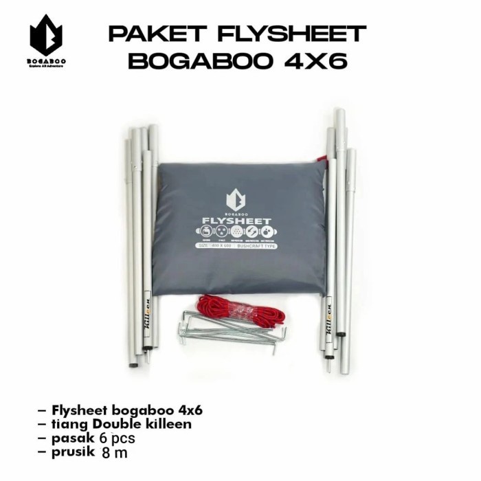 PAKET FLYSHEET 4X6 BOGABOO WATERPROOF INCLUDE TIANG PASAK DAN TALI
