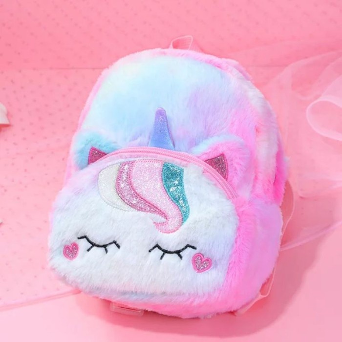 Tas Ransel Unicorn Sekolah Bulu Plush Backpack Anak Lucu Cewek Pergi