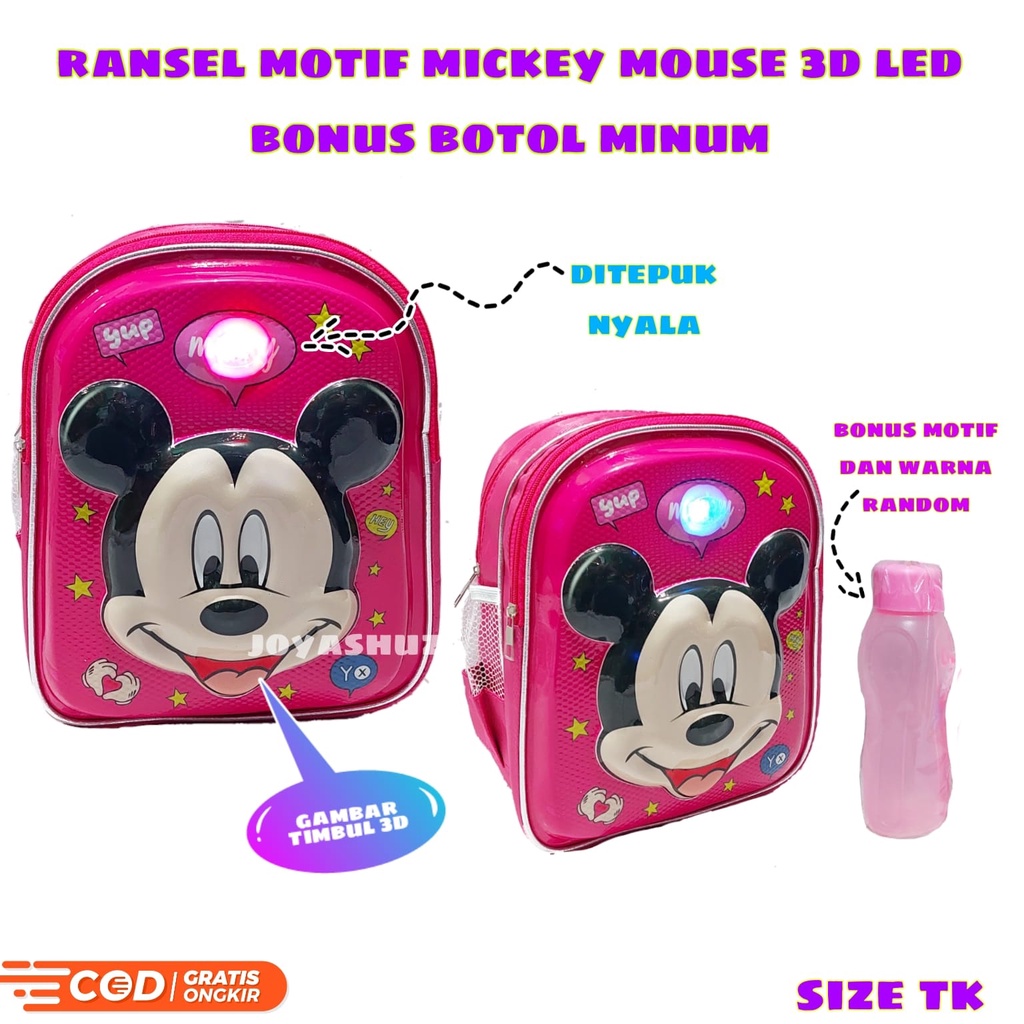 Ransel Anak Sekolah Perempuan Karakter Mickey - Tas Anak 3D Mickey Gemas - Ransel Lucu - Tas Gratis Bonus - Ransel Gratis Botol