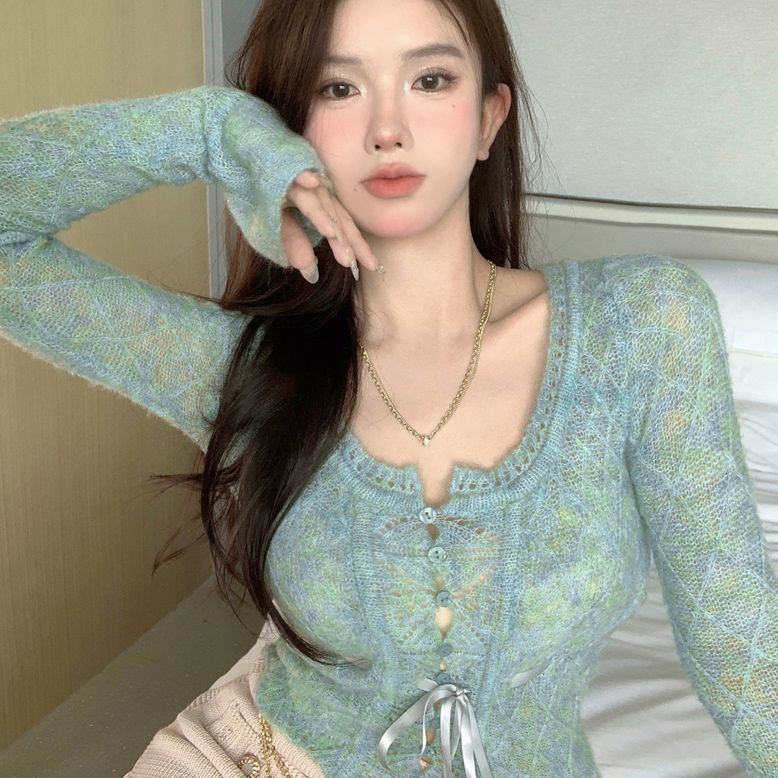 Red 2022 Baru Lengan Panjang Rajutan Cardigan Wanita Musim Gugur Seksi Gadis Panas Dasi Slim Fit Pendek Bottoming top