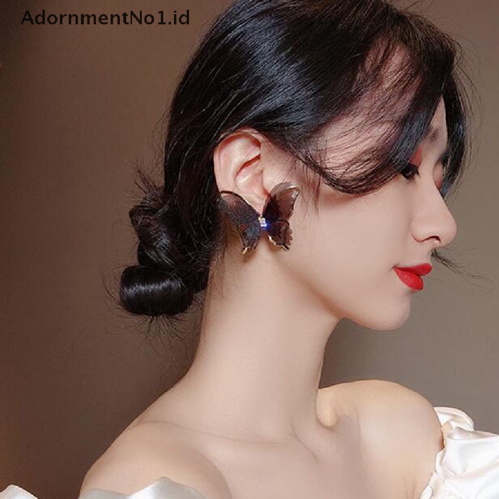 [AdornmentNo1] Anting Kupu-Kupu Jala Besar Romantis Tulle Hewan Hitam Putih Butterfly Stud Earrings Pesta Pernikahan Fashion Perhiasan [ID]