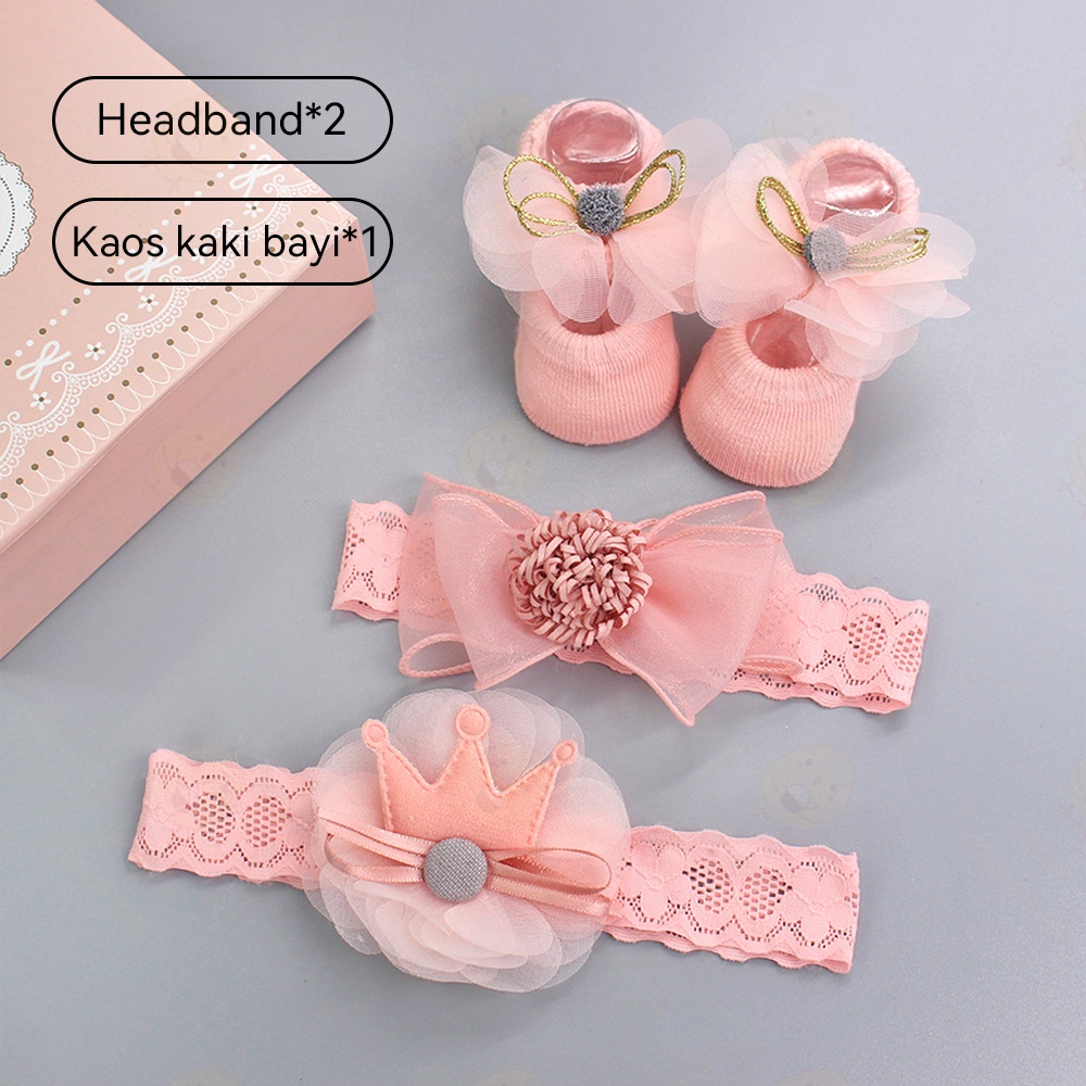 Lacoo 3in1 Kaos kaki bandana bayi perempuan lucu kaus kaki bando bayi cewek import dengan kotak cantik 0-1 tahun