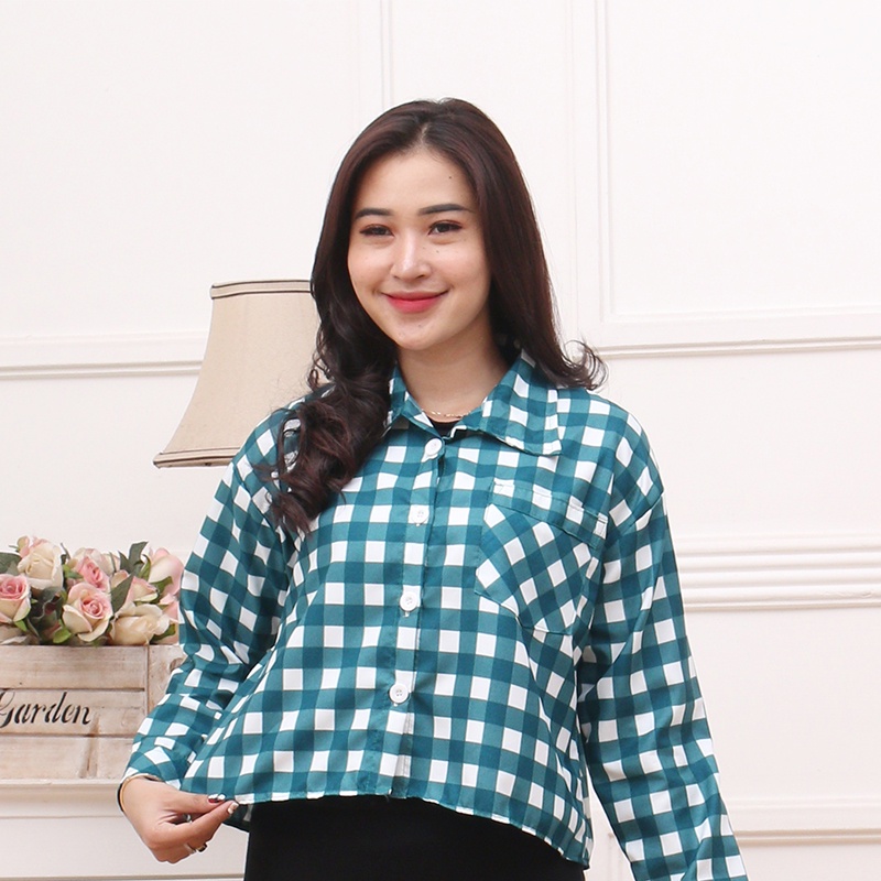 CROP TOP ATASAN KEMEJA WANITA TARTAN TWO TONE KOTAK KEKINIAN