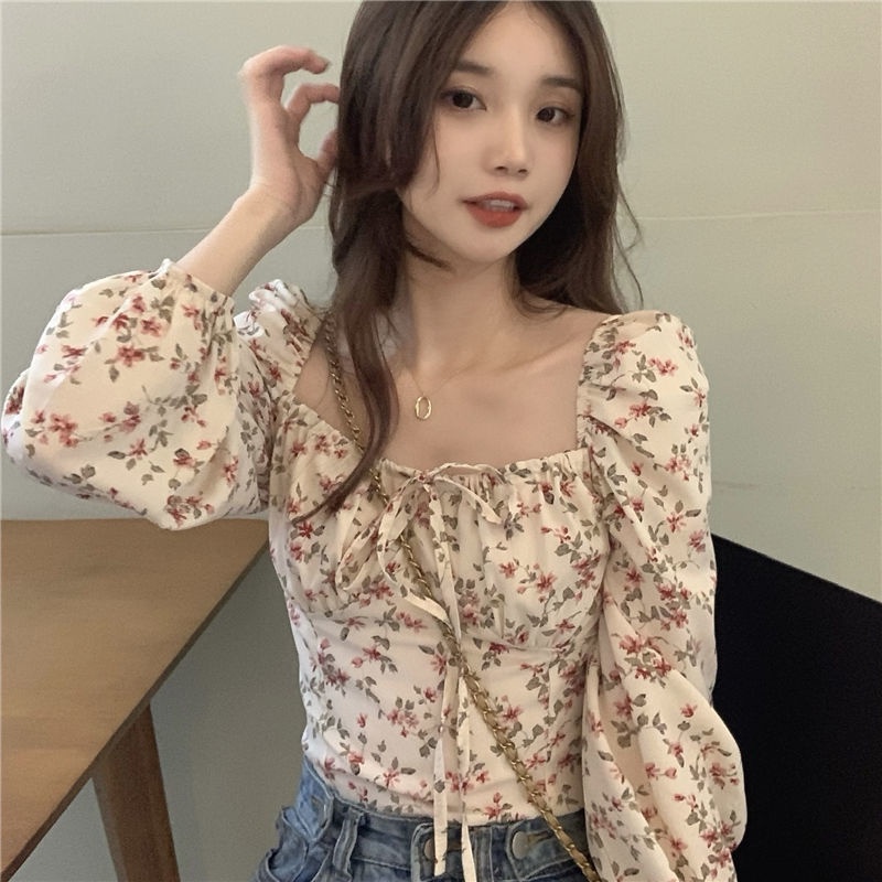 Red French square collar floral long-sleeve shirt women s autumn unique chic top slim fit short design niche shirt