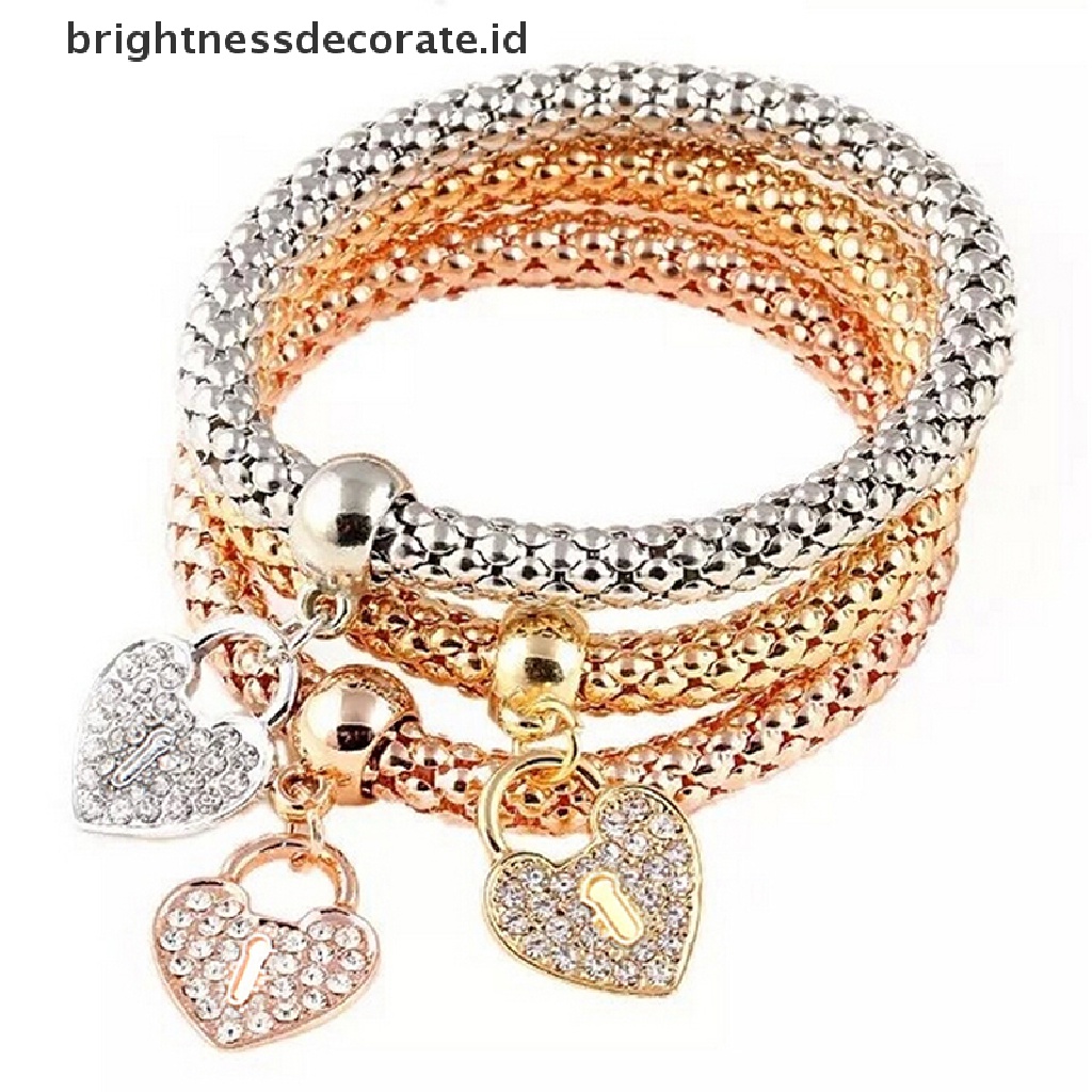 [Birth] 3pcs Wanita Fashion Ctue Pesona Kristal Berlian Imitasi Jantung Gelang Elastis Bangles [ID]