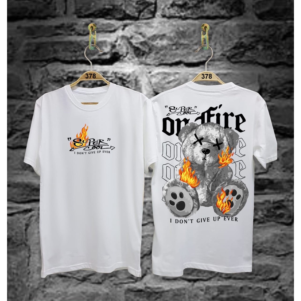 Kaos Tshirt Pria Terbaru Samurai Jepang Boneka Bear On Fire Warna Putih Distro Lengan Pendek Motif Sablon Bergambar Keren