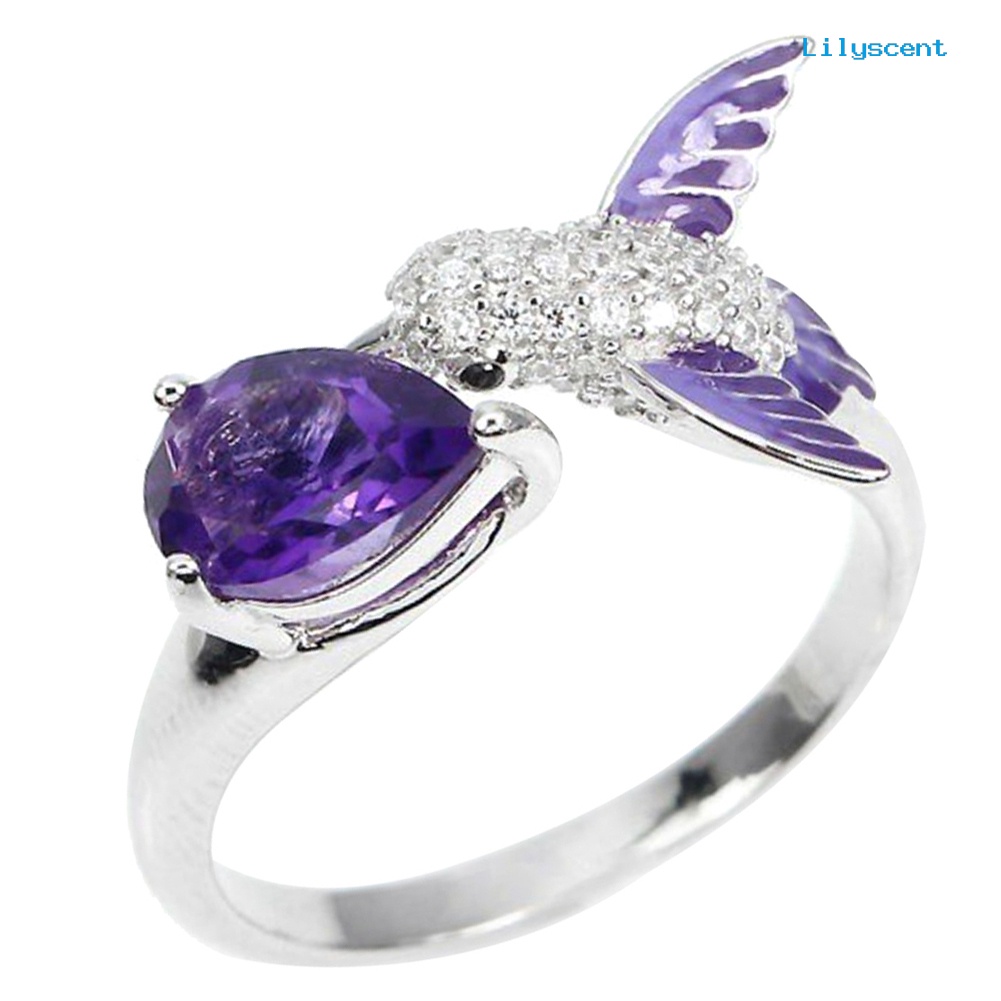 [LS] Bird Water Drop Faux Amethyst Cubic Zirconia Wanita Tunangan Kawin Cincin Terbuka