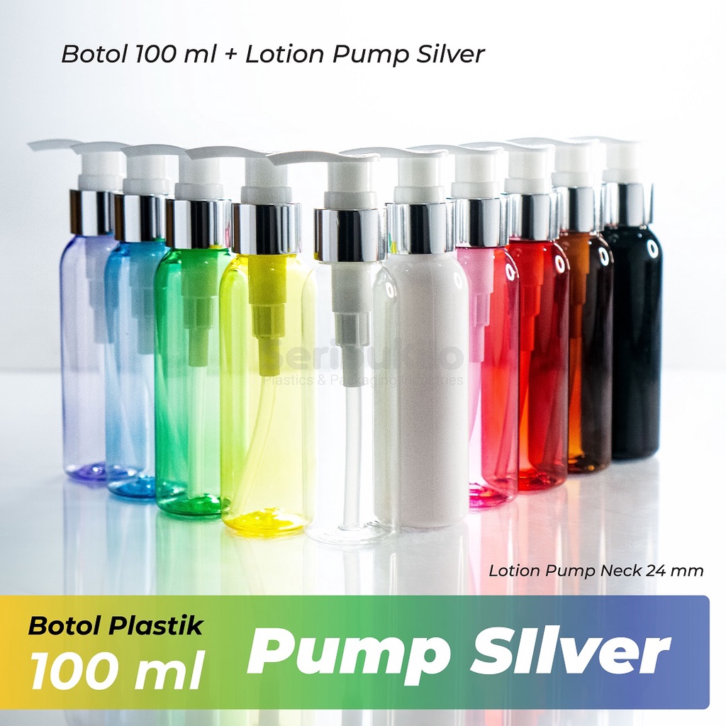 Botol Plastik 100 ml PET - Tutup Pump Silver / Botol Lotion Pump Ring Silver 100 ml