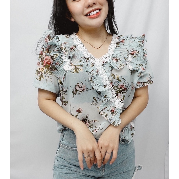 Giana Top Blouse Ruffle Chiffon Korean Style Motif Bunga Lengan Pendek