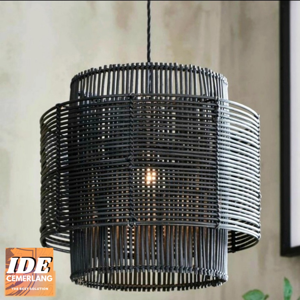kap lampu gantung rotan cat hitam aestethic