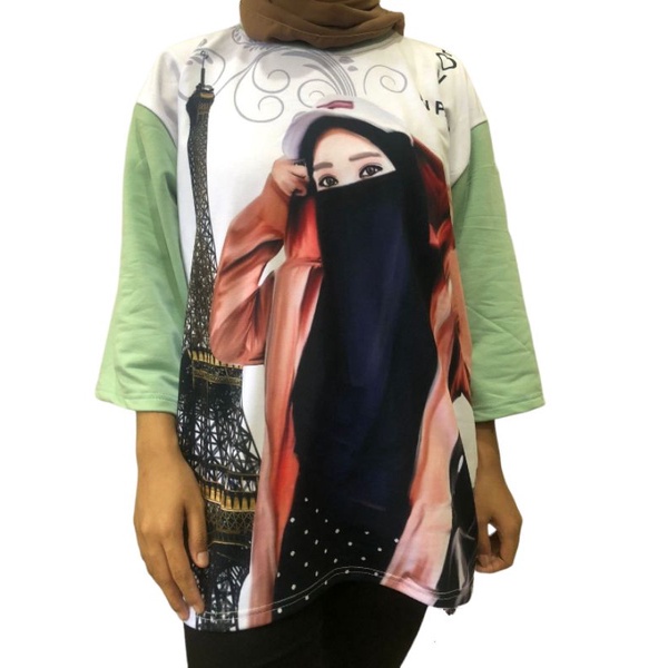 Kaos Oversize Wanita  Paris hijab Sablon Sublim