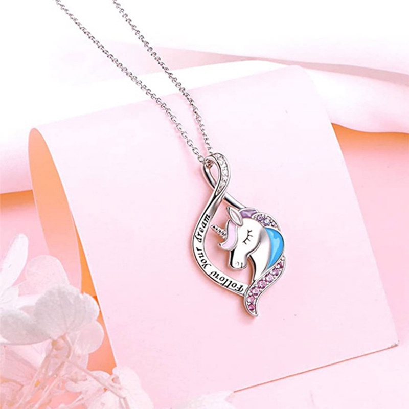 Aksesoris Wanita Lucu Colorful Unicorn Liontin Kalung Kristal Birthstone Kalung Pesta Ulang Tahun Anniversary Hadiah Perhiasan