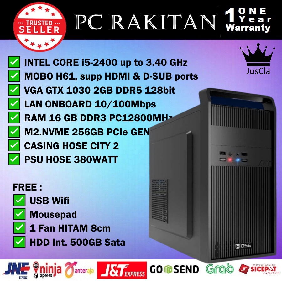 PC KOMPUTER INTEL CORE i5-2400 3,4GHz|RAM 16GB|NVME 256GB|VGA GT1030 2GB|HDD 500GB SATA|WiFi