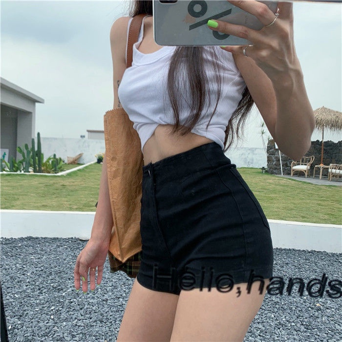 Red Ins celana pendek denim elastis ketat wanita musim panas baru semua pertandingan pinggang tinggi pelangsing kaki panjang hot pants hitam a-line
