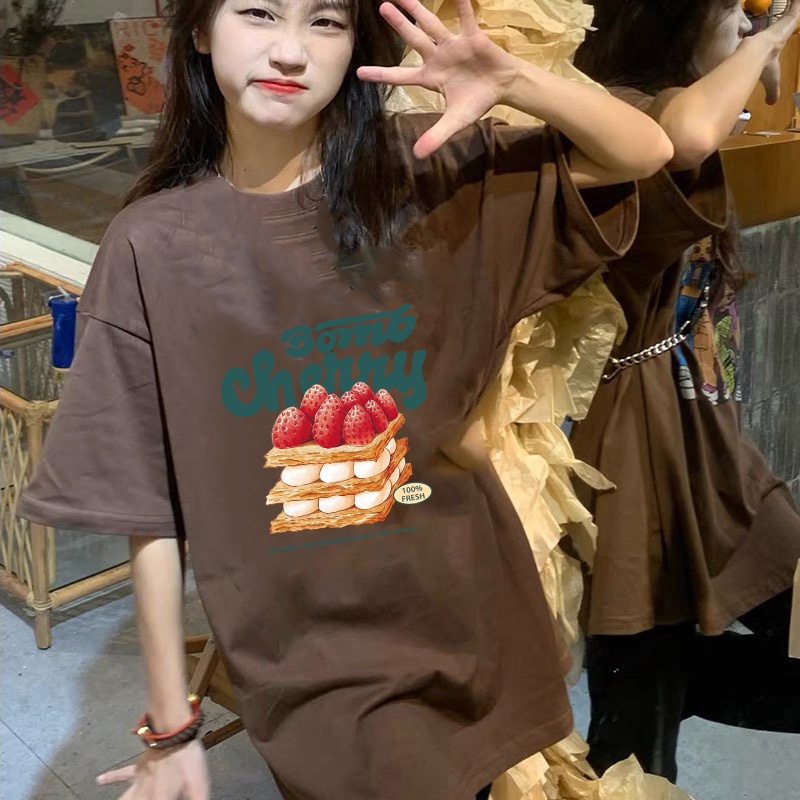 4 warna 100% Katun Graphic Tee Baju Wanita Cake Atasan Wanita Oversize Kaos Putih T-shirt Couple Korean Style