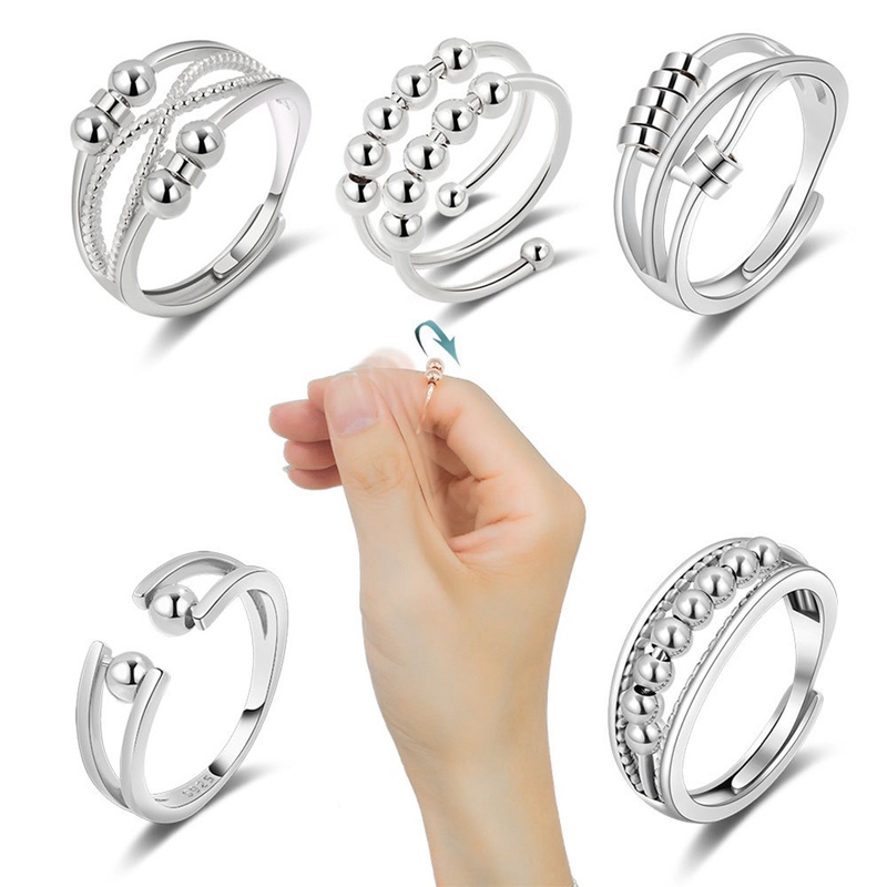 925 Sterling Silver Anxiety Ring Untuk Wanita Pria Fidget Rings For Anxiety Spinning Bead Adjustable Stacking Spinner Band Ring