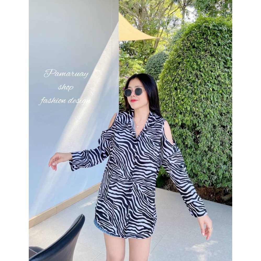 KEMEJA PAMARUAY ZEBRA BAHU BOLONG FASHION WANITA IMPORT BANGKOK CODE P 11