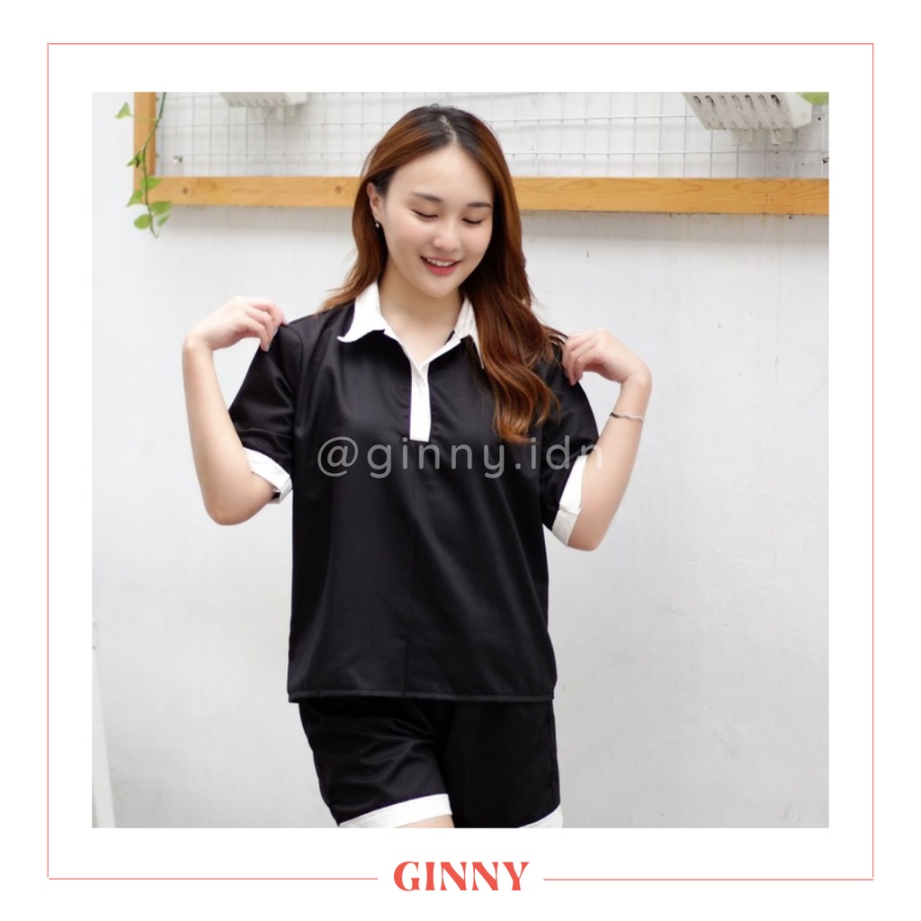 Nanao Set | Sporty Korean Woman Set | Setelan Gaya Korea Kaos Polo Lengan Pendek Celana Pendek Wanit