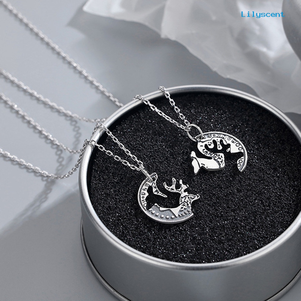 Ls 2Pcs Deer Puzzle Disc Pendant Alloy Rantai Klavikula Kalung Pasangan Kekasih Hadiah