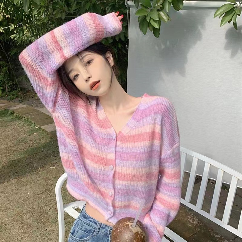 YIU YIU Rajut - Cardigan Rajut Korea Stripe Knit Cardigan Baju Rajut Wanita Lengan Panjang