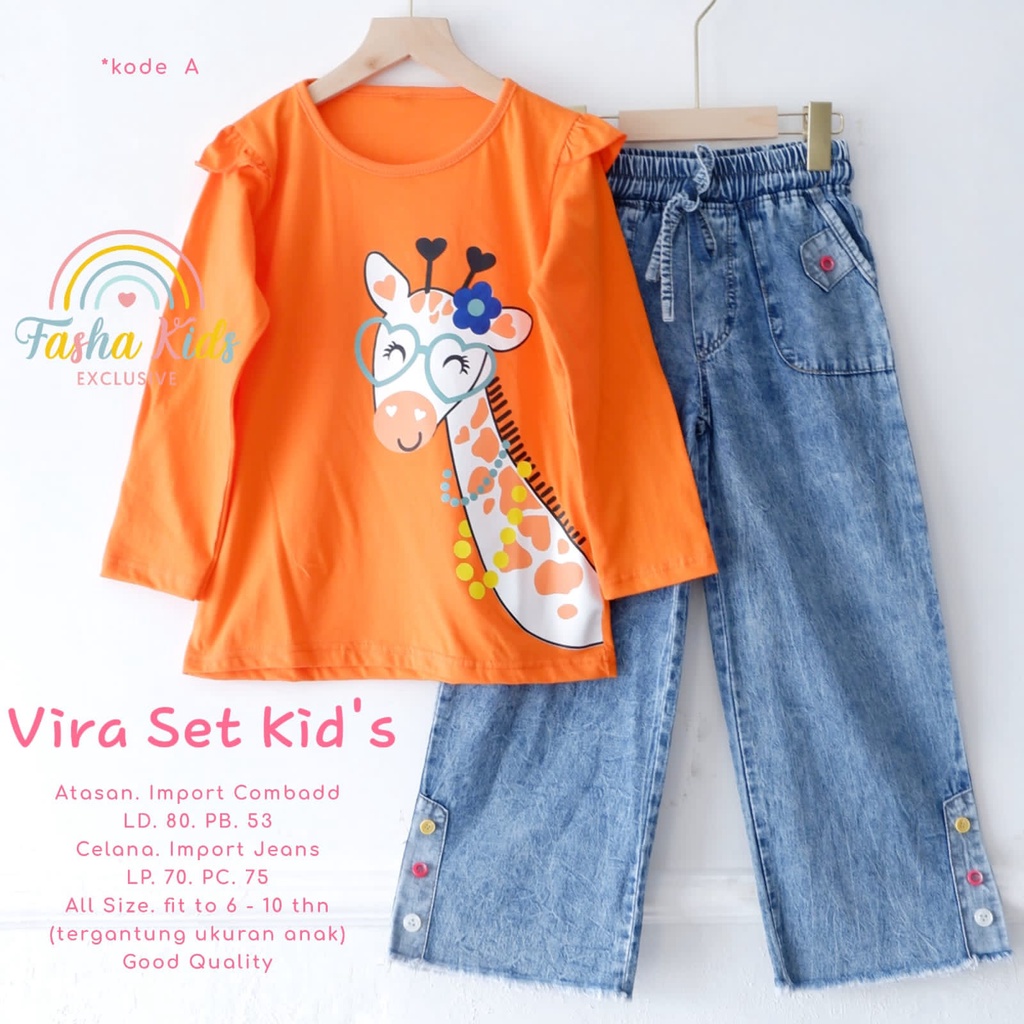 VIRA SET KIDS ORIGINAL BY FASHA SETELAN BAJU ANAK PEREMPUAN KAOS DAN CELANA KULOT JEANS ONESET KIDS 