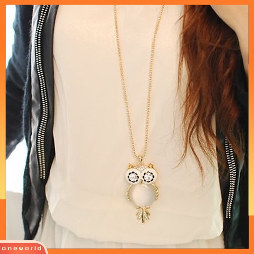 {oneworld} Wanita Berlian Imitasi Mengkilap Lucu Burung Hantu Panjang Rantai Liontin Sweater Kalung Perhiasan