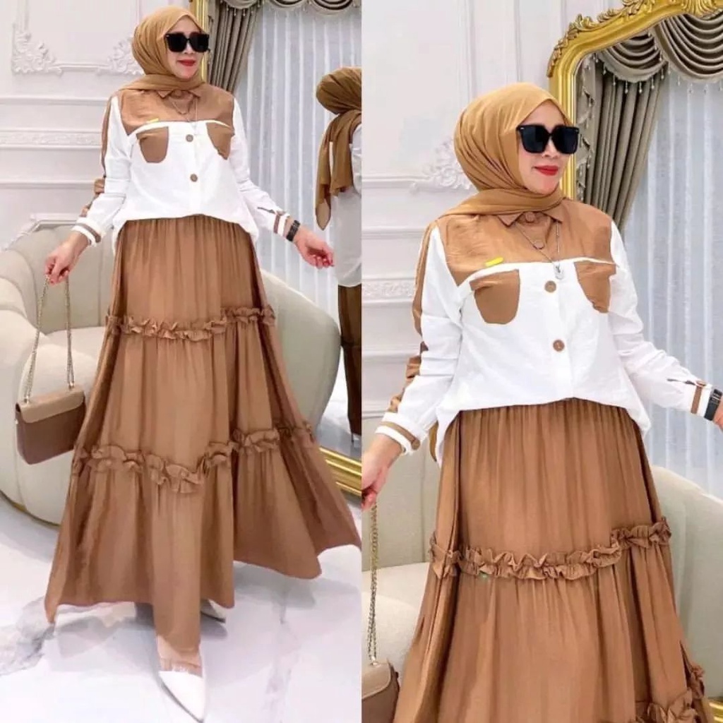 Zea set Gamis set rok Stelan wanita muslimah bahan crinkle terbaru polos Gamis murah kekinian