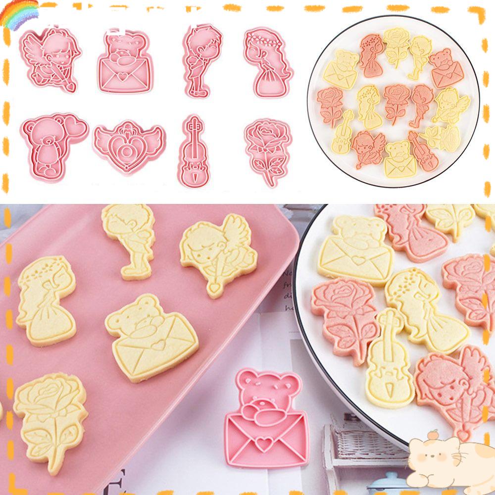 Solighter 8pcs/set Hari Valentine Alat Kue Plunger Gitar Cupid Amplop Plastik Bunga Mawar Cookie Cutter