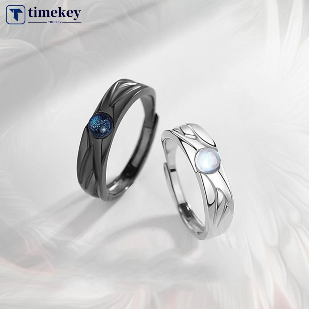 Timekey Fashion Retro Berwarna Glasir Moonstone Pasangan Cincin Malaikat Dan Setan Hitam Putih Pasangan Cincin Yang Dapat Disesuaikan Perhiasan Hadiah F7M6