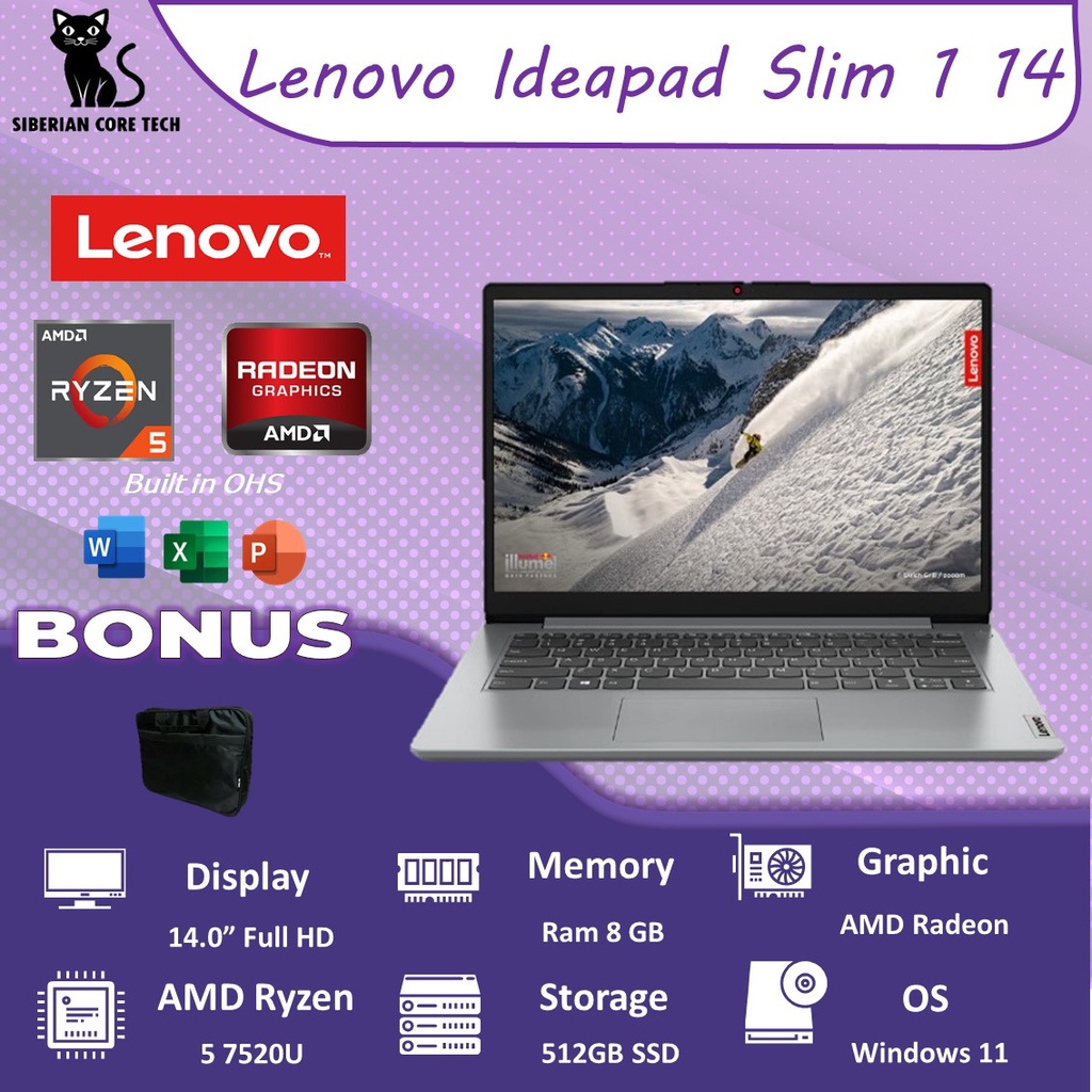 LENOVO IDEAPAD SLIM 1 14 RYZEN 5 7520U 8GB 512SSD RADEON 610M W11+OHS 14.0FHD 2YR PREM