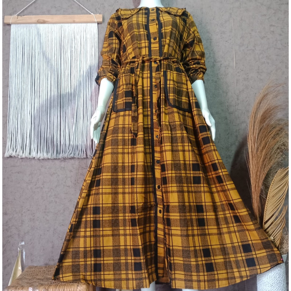 Gamis Linen Rami Premium,gamis model terbaru 2022,Motif Kotak Kotak REALPICT