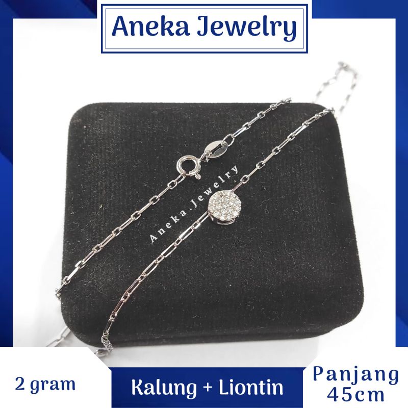 Kalung PaperClip + Liontin Bulat Full Mata, Sepuh Emas Putih, Perak 925