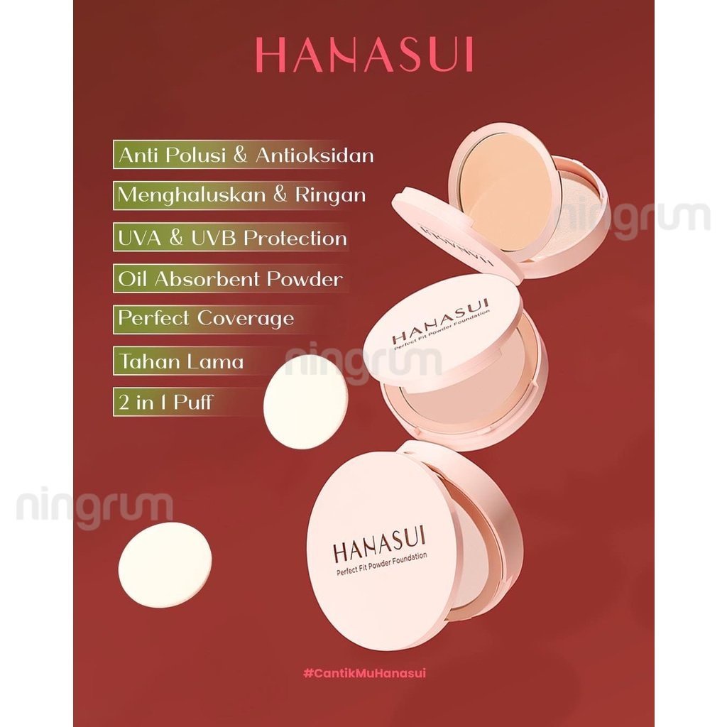 Ningrum - HANASUI Perfect Fit Powder Foundation | Bedak Padat Compact TWC With UVA + UVB &amp; Pollution Protection Control | Shine &amp; Long Wearing Soft Matte Natural Finish Blur Imperfections Cushion Setting Loose Blush Lip Original BPOM - 5012