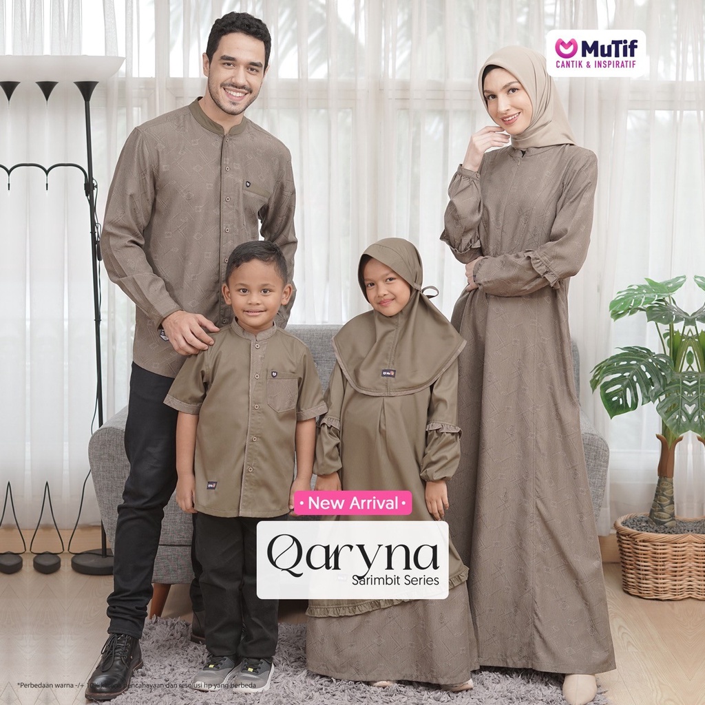 Mutif Sarimbit Qaryna Olive Cotton Yarndyed Gamis Koko Abqary Anak Dewasa Lengan Panjang