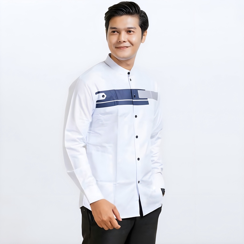 Baju Koko Pria Hadroh Warna Putih Kombinasi Navy Motif Yordan Lengan Panjang Warna Putih S M L XL