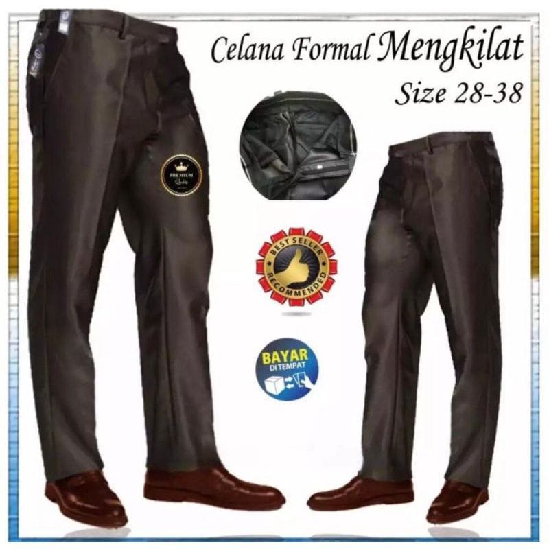 Celana Kantor Pria Bahan Mengkilat Slim Metallic Keren Realpict Trend Terkini 27 38