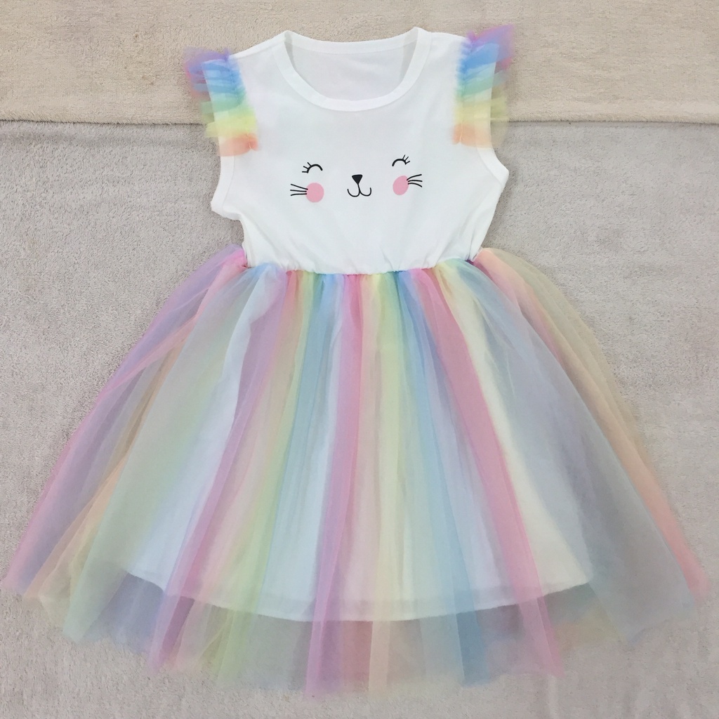 Dress import anak putih rainbow tutu 5-10y kucing gaun casual lucu