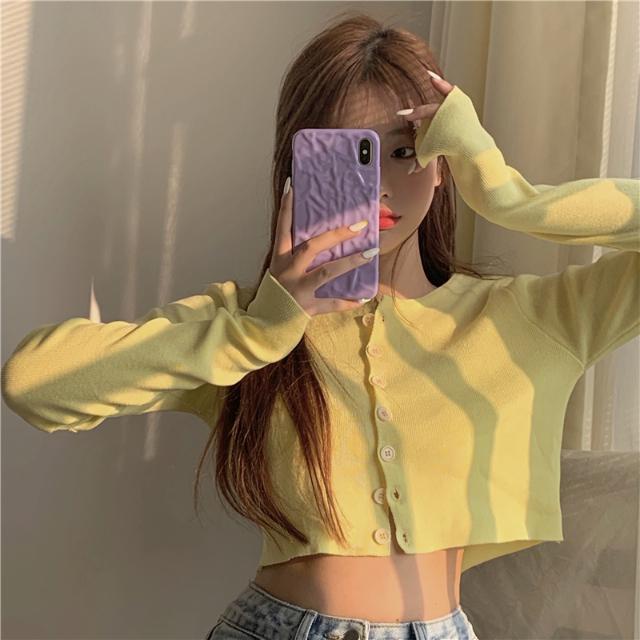 Red Rajutan Cardigan Kecil Lengan Panjang Sweater Tipis Mantel Pendek Wanita Musim Semi 2021 Baru Longgar Kuning Bottoming Top