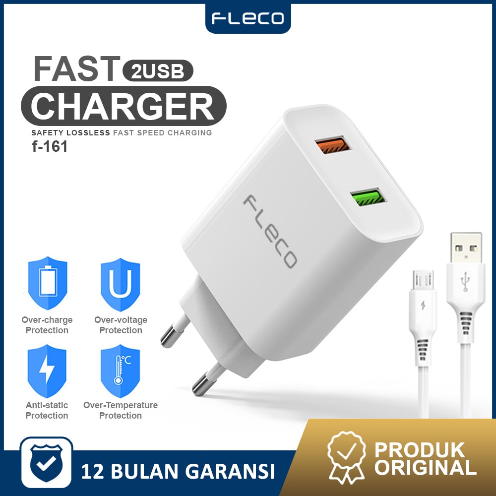 Charger Travel Adaptor 2 Ports Colokan USB 2 Fast Charging FREE kabel micro F-161 FLECO