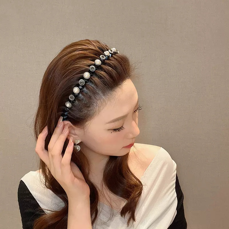 Korea Mutiara Kepang Rambut Hoop Gelombang Hitam Sederhana Ikat Kepala
