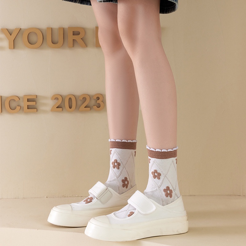 Kaos kaki tipis putih sock fashion anak cewek wanita panjang renda casual lucu etestik motif bunga