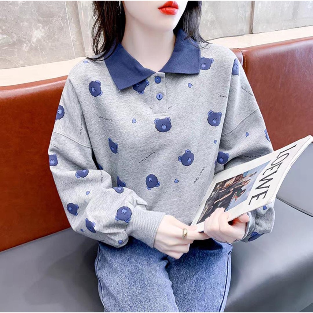 LOVELY BEAR COLLAR SWEATSHIRT FULL PRINT SWEATER KERAH KANCING (PH)