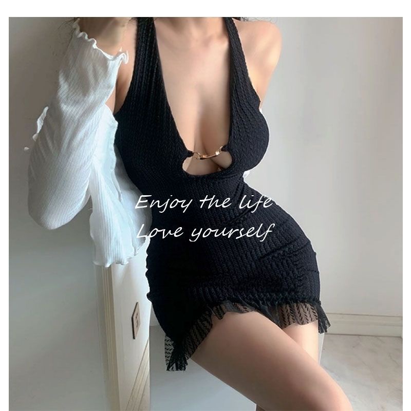 ✳◑Ceruk jalan seksi Eropa dan Amerika baru yang dilubangi dalam V renda jahitan klub malam keinginan murni tas pinggul gaun wanita menggantung leher