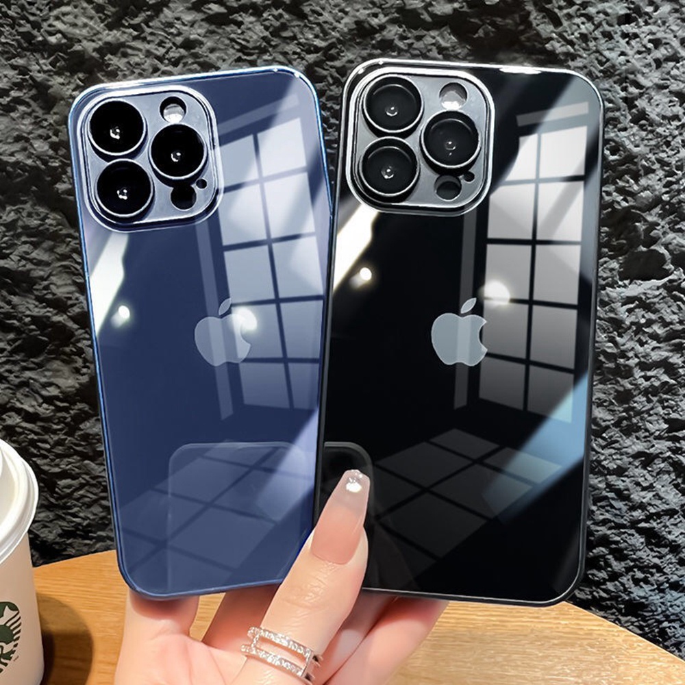 Casing Ponsel Kaca Tempered Mewah Untuk Iphone14Plus13 14 Pro MAX Casing Silikon Cair Dengan Lensa Film Shockproof Casing iPhone