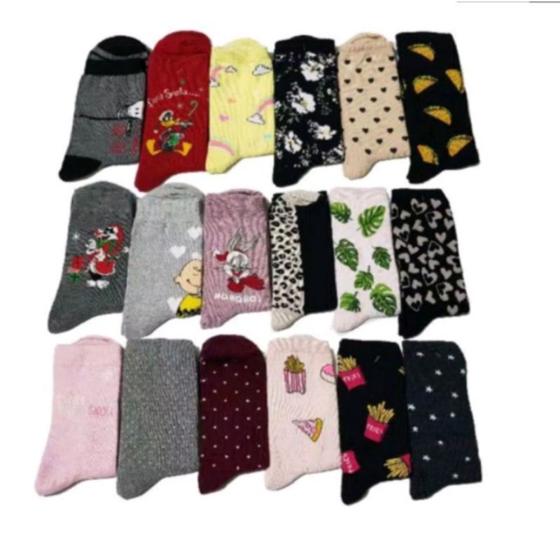 3 pasang kaos kaki motif wanita remaja dewasa panjang bahan cotton spandex lembut dan halus