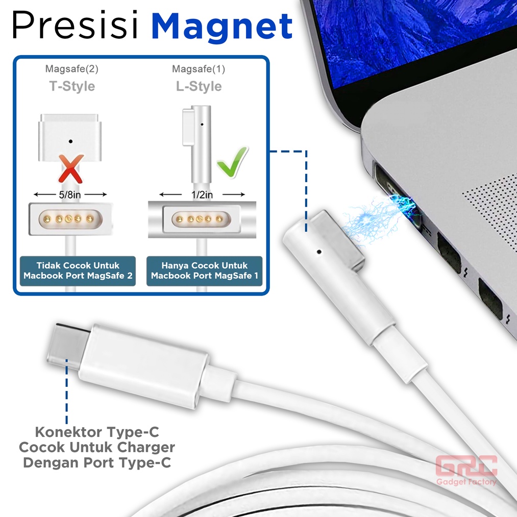 Kabel Charger Macbook USB C Type C to Magsafe 1 L Type Power Cable