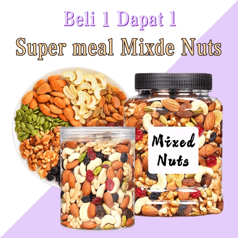 

【Beli 1 Gratis 1】Premium Mixed Nuts Trail Mix 500g Super Food Dried Fruits Instant Healthy Canned Dry Fruit Snack Super Meal mixed nuts and fruit Contains Almonds Cashew Walnut Raisin Cranberry