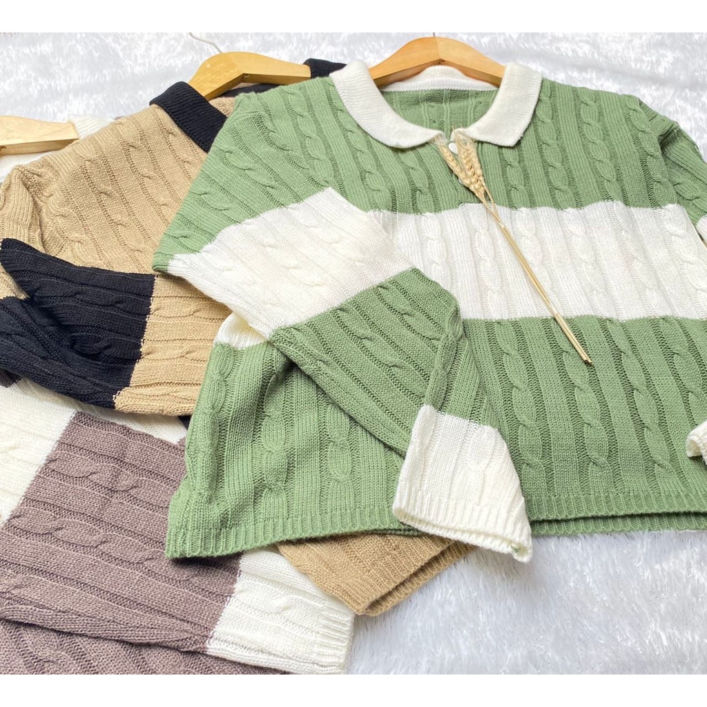 Alma Polo Stripes Sweater - Top Soft Knit - Atasan Rajut Wanita (K018)