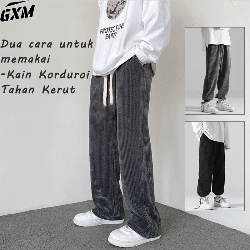Celana Corduroy pria Jumbo M-5XL Corduroy Pants Celana Oversize Pria Wide Leg Baggy Pants Korean Sty