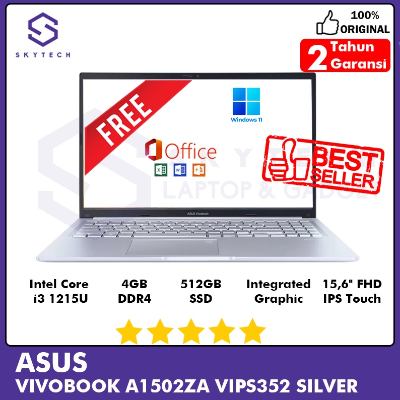 LAPTOP ASUS VIVOBOOK A1502ZA VIPS352 INTEL i3 1215U RAM 4GB SSD 512GB TOUCH FREE WINDOWS 11 OHS 2021